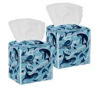 2PCS Square Tissue Box Cover, Marine Shark Whale Octopus Dolphin Jellyfish Leather Tissue Case Facial Paper Organizer Dispenser for Vanity Toilet Tank Dresser Night Stand Table Countertop Office Car