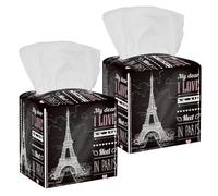 2PCS Square Tissue Box Cover, Meet in Paris Eiffel Tower Leather Tissue Case Facial Paper Organizer Dispenser for Vanity Toilet Tank Dresser Night Stand Table Countertop Office Car