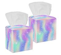 2PCS Square Tissue Box Cover, Mermaid Fish Rainbow Scales Magic Pattern Leather Tissue Case Facial Paper Organizer Dispenser for Vanity Toilet Tank Dresser Night Stand Table Countertop Office Car