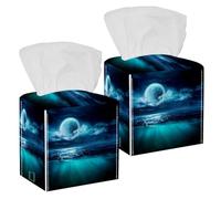 2PCS Square Tissue Box Cover, Moon on Sea in Magic Night with Underwater Scene Leather Tissue Case Facial Paper Organizer Dispenser for Vanity Dresser Night Stand Table Countertop Office Car