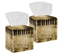 2PCS Square Tissue Box Cover, Music Notes Background Leather Tissue Case Facial Paper Organizer Dispenser for Vanity Toilet Tank Dresser Night Stand Table Countertop Office Car