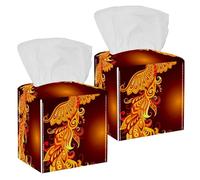 2PCS Square Tissue Box Cover, Mythical Bird Phoenix Leather Tissue Case Facial Paper Organizer Dispenser for Vanity Toilet Tank Dresser Night Stand Table Countertop Office Car