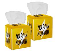 2PCS Square Tissue Box Cover, No Pain No Gain Yellow Leather Tissue Case Facial Paper Organizer Dispenser for Vanity Toilet Tank Dresser Night Stand Table Countertop Office Car