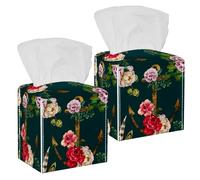2PCS Square Tissue Box Cover, Old Anchor with Flowers Leather Tissue Case Facial Paper Organizer Dispenser for Vanity Toilet Tank Dresser Night Stand Table Countertop Office Car