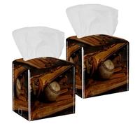 2PCS Square Tissue Box Cover, Old Baseball Glove with Weathered Sport Ball Leather Tissue Case Facial Paper Organizer Dispenser for Vanity Toilet Tank Dresser Night Stand Table Countertop Office Car
