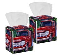 2PCS Square Tissue Box Cover, Old Red Truck Leather Tissue Case Facial Paper Organizer Dispenser for Vanity Toilet Tank Dresser Night Stand Table Countertop Office Car