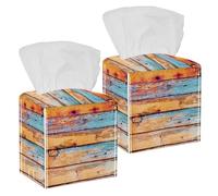 2PCS Square Tissue Box Cover, Old Unique Wood Textures Leather Tissue Case Facial Paper Organizer Dispenser for Vanity Toilet Tank Dresser Night Stand Table Countertop Office Car