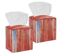 2PCS Square Tissue Box Cover, Old Wood Textures Leather Tissue Case Facial Paper Organizer Dispenser for Vanity Toilet Tank Dresser Night Stand Table Countertop Office Car