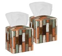 2PCS Square Tissue Box Cover, Old Wooden Retro Pattern Leather Tissue Case Facial Paper Organizer Dispenser for Vanity Dresser Night Stand Table Countertop Office Car