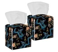2PCS Square Tissue Box Cover, Oriental Floral Dragons Gold Roses Pattern Leather Tissue Case Facial Paper Organizer Dispenser for Vanity Toilet Tank Dresser Night Stand Table Countertop Office Car