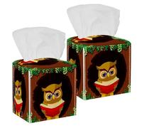 2PCS Square Tissue Box Cover, Owl Reading Book Leather Tissue Case Facial Paper Organizer Dispenser for Vanity Toilet Tank Dresser Night Stand Table Countertop Office Car