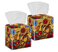 2PCS Square Tissue Box Cover, Painting Loons and Fish Leather Tissue Case Facial Paper Organizer Dispenser for Vanity Toilet Tank Dresser Night Stand Table Countertop Office Car