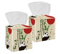 2PCS Square Tissue Box Cover, Panda Bamboo Red Sun Leather Tissue Case Facial Paper Organizer Dispenser for Vanity Toilet Tank Dresser Night Stand Table Countertop Office Car