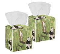 2PCS Square Tissue Box Cover, Panda Bamboo Waterfall Forest Tree Watercolor Leather Tissue Case Facial Paper Organizer Dispenser for Vanity Toilet Tank Dresser Night Stand Table Countertop Office Car