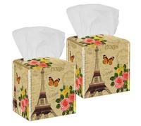2PCS Square Tissue Box Cover, Paris Eiffel Tower Butterfly Rose Leather Tissue Case Facial Paper Organizer Dispenser for Vanity Toilet Tank Dresser Night Stand Table Countertop Office Car