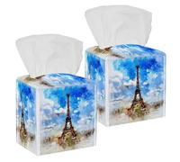 2PCS Square Tissue Box Cover, Paris Eiffel Tower France City Leather Tissue Case Facial Paper Organizer Dispenser for Vanity Toilet Tank Dresser Night Stand Table Countertop Office Car