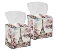 2PCS Square Tissue Box Cover, Paris Eiffel Tower Painting Leather Tissue Case Facial Paper Organizer Dispenser for Vanity Toilet Tank Dresser Night Stand Table Countertop Office Car
