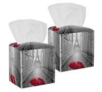 2PCS Square Tissue Box Cover, Paris Eiffel Tower Red Umbrella Leather Tissue Case Facial Paper Organizer Dispenser for Vanity Toilet Tank Dresser Night Stand Table Countertop Office Car