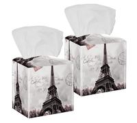 2PCS Square Tissue Box Cover, Paris Eiffel Tower Stamp Leather Tissue Case Facial Paper Organizer Dispenser for Vanity Toilet Tank Dresser Night Stand Table Countertop Office Car