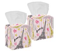 2PCS Square Tissue Box Cover, Paris Pink Eiffel Tower Leather Tissue Case Facial Paper Organizer Dispenser for Vanity Toilet Tank Dresser Night Stand Table Countertop Office Car