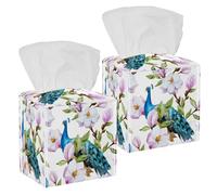 2PCS Square Tissue Box Cover, Peach Blossom Peacock Leather Tissue Case Facial Paper Organizer Dispenser for Vanity Toilet Tank Dresser Night Stand Table Countertop Office Car