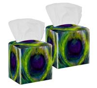 2PCS Square Tissue Box Cover, Peacock Feather Leather Tissue Case Facial Paper Organizer Dispenser for Vanity Toilet Tank Dresser Night Stand Table Countertop Office Car