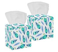 2PCS Square Tissue Box Cover, Peacock Feather Pattern Leather Tissue Case Facial Paper Organizer Dispenser for Vanity Toilet Tank Dresser Night Stand Table Countertop Office Car