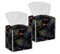 2PCS Square Tissue Box Cover, Peacock Feathers and Roses Flowers Classical Pattern Leather Tissue Case Facial Paper Organizer Dispenser for Vanity Toilet Tank Dresser Night Stand Table Countertop