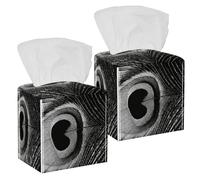 2PCS Square Tissue Box Cover, Peacock Quill Leather Tissue Case Facial Paper Organizer Dispenser for Vanity Dresser Night Stand Table Countertop Office Car