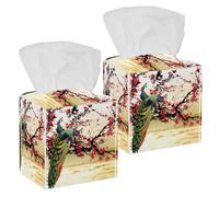 2PCS Square Tissue Box Cover, Peacocks Brids with Plum Blossom Leather Tissue Case Facial Paper Organizer Dispenser for Vanity Toilet Tank Dresser Night Stand Table Countertop Office Car