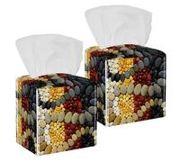 2PCS Square Tissue Box Cover, Pebble Cobblestones Leather Tissue Case Facial Paper Organizer Dispenser for Vanity Toilet Tank Dresser Night Stand Table Countertop Office Car