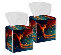 2PCS Square Tissue Box Cover, Phoenix Bird Leather Tissue Case Facial Paper Organizer Dispenser for Vanity Toilet Tank Dresser Night Stand Table Countertop Office Car