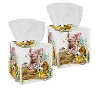 2PCS Square Tissue Box Cover, Pig Puppy Dog Fox Ducklings Chick Watercolor Animal Leather Tissue Case Facial Paper Organizer Dispenser for Vanity Dresser Night Stand Table Countertop Office Car