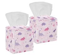 2PCS Square Tissue Box Cover, Pink and Purple Pastel Dinosaurs Leather Tissue Case Facial Paper Organizer Dispenser for Vanity Toilet Tank Dresser Night Stand Table Countertop Office Car
