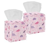 2PCS Square Tissue Box Cover, Pink and Purple Pastel Dinosaurs Leather Tissue Case Facial Paper Organizer Dispenser for Vanity Toilet Tank Dresser Night Stand Table Countertop Office Car