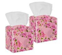 2PCS Square Tissue Box Cover, Pink Blossoms Leather Tissue Case Facial Paper Organizer Dispenser for Vanity Toilet Tank Dresser Night Stand Table Countertop Office Car