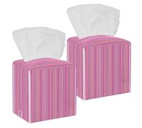 2PCS Square Tissue Box Cover, Pink Color Girl Striped Pattern Leather Tissue Case Facial Paper Organizer Dispenser for Vanity Toilet Tank Dresser Night Stand Table Countertop Office Car