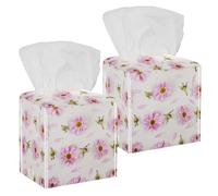 2PCS Square Tissue Box Cover, Pink Daisy Petal Flower Beautiful Leather Tissue Case Facial Paper Organizer Dispenser for Vanity Toilet Tank Dresser Night Stand Table Countertop Office Car