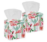 2PCS Square Tissue Box Cover, Pink Flamingo Cactus Roses Cool Floral Pattern Leather Tissue Case Facial Paper Organizer Dispenser for Vanity Toilet Tank Dresser Night Stand Table Countertop Office