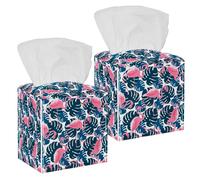 2PCS Square Tissue Box Cover, Pink Flamingos and Palm Leaves Pattern Leather Tissue Case Facial Paper Organizer Dispenser for Vanity Toilet Tank Dresser Night Stand Table Countertop Office Car