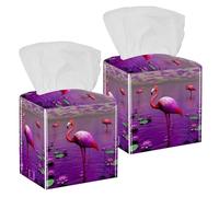 2PCS Square Tissue Box Cover, Pink Flamingos Leather Tissue Case Facial Paper Organizer Dispenser for Vanity Toilet Tank Dresser Night Stand Table Countertop Office Car
