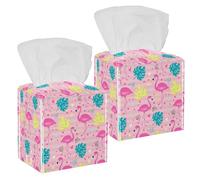 2PCS Square Tissue Box Cover, Pink Flamingos Leather Tissue Case Facial Paper Organizer Dispenser for Vanity Toilet Tank Dresser Night Stand Table Countertop Office Car