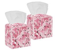2PCS Square Tissue Box Cover, Pink Flamingos Pattern Leather Tissue Case Facial Paper Organizer Dispenser for Vanity Toilet Tank Dresser Night Stand Table Countertop Office Car