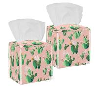 2PCS Square Tissue Box Cover, Pink Floral Green Cactus Leather Tissue Case Facial Paper Organizer Dispenser for Vanity Toilet Tank Dresser Night Stand Table Countertop Office Car
