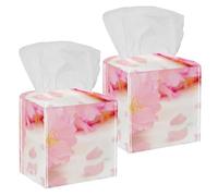 2PCS Square Tissue Box Cover, Pink Flowers Japanese Cherry Blossom Leather Tissue Case Facial Paper Organizer Dispenser for Vanity Dresser Night Stand Table Countertop Office Car