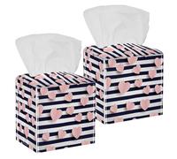 2PCS Square Tissue Box Cover, Pink Hearts Striped Leather Tissue Case Facial Paper Organizer Dispenser for Vanity Toilet Tank Dresser Night Stand Table Countertop Office Car