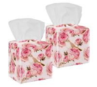 2PCS Square Tissue Box Cover, Pink Romantic Flowers and Birds Leather Tissue Case Facial Paper Organizer Dispenser for Vanity Toilet Tank Dresser Night Stand Table Countertop Office Car