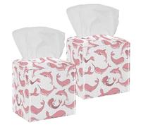 2PCS Square Tissue Box Cover, Pink Whales Unicorn Mermaids Narwhals Dolphins Pattern Leather Tissue Case Facial Paper Organizer Dispenser for Vanity Toilet Tank Dresser Night Stand Table Countertop