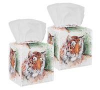 2PCS Square Tissue Box Cover, Power Tiger Leather Tissue Case Facial Paper Organizer Dispenser for Vanity Toilet Tank Dresser Night Stand Table Countertop Office Car
