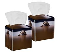 2PCS Square Tissue Box Cover, Pug Dog So Sad Leather Tissue Case Facial Paper Organizer Dispenser for Vanity Toilet Tank Dresser Night Stand Table Countertop Office Car